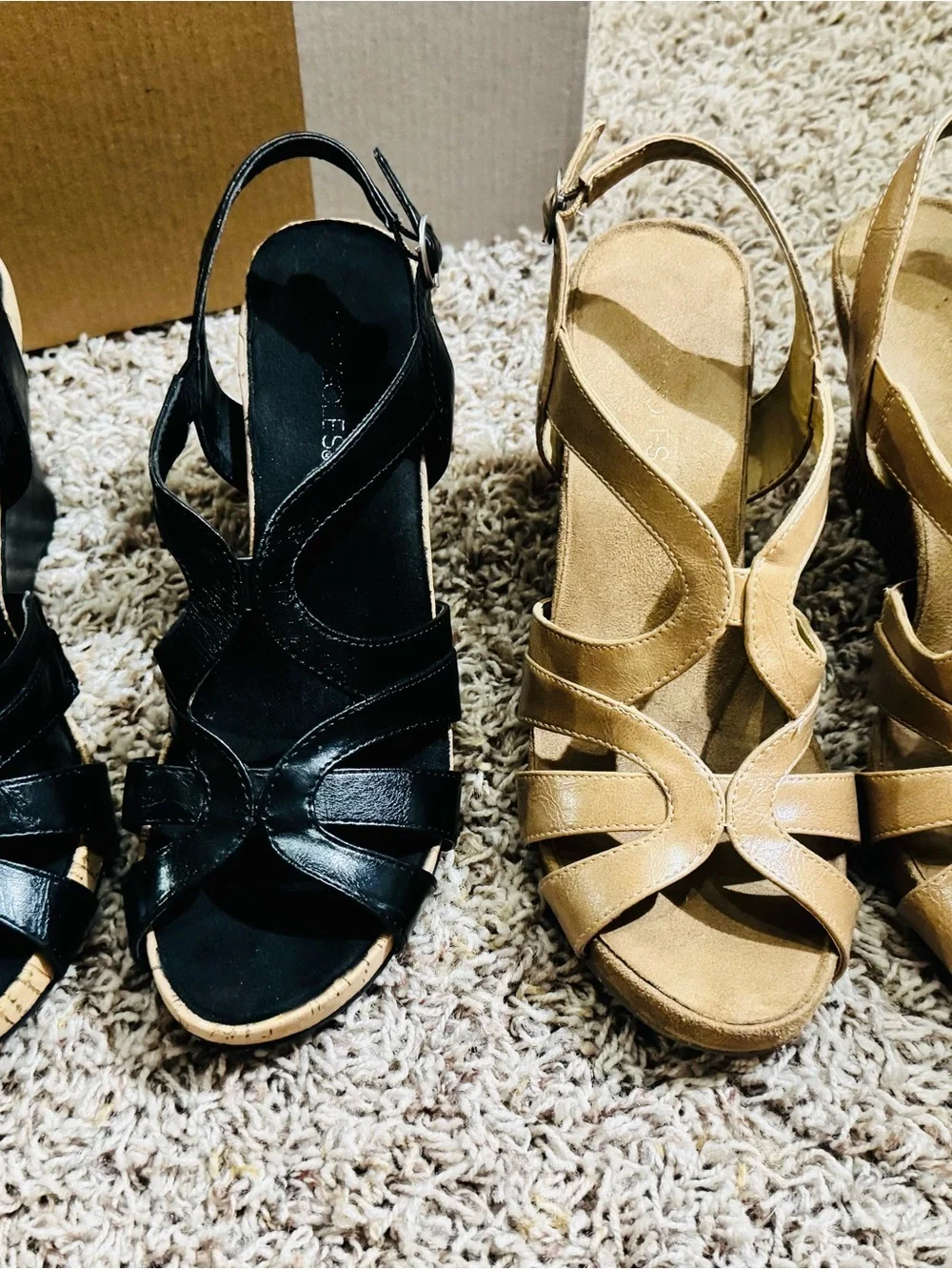 TWO AEROSOLES Women's Black Tan Wedge Strappy Sandals *Comfort Memory Foam*